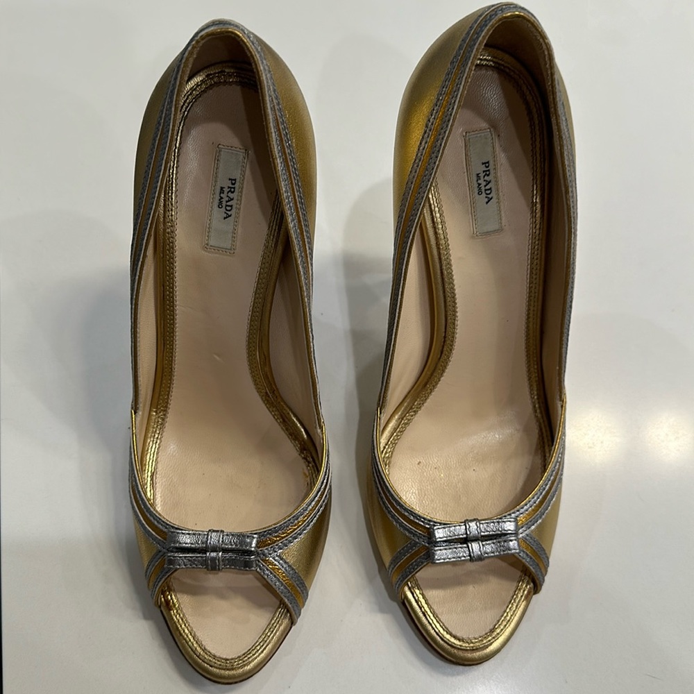 Authentic Prada, Gold, Silver Jeweled Heels with Silver trim & bow across toe.